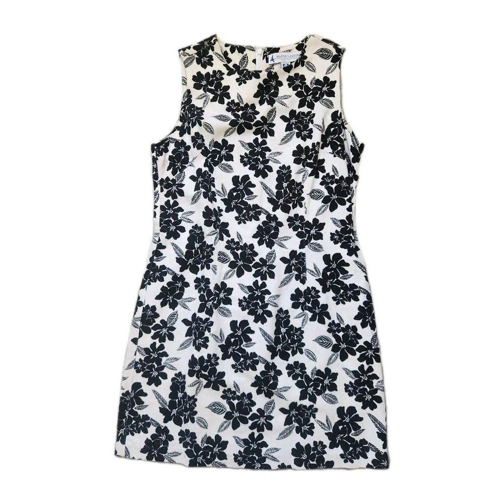 VTG Marsh Landing 100% Cotton Floral Dress Black White Sleeveless Shift Mini S